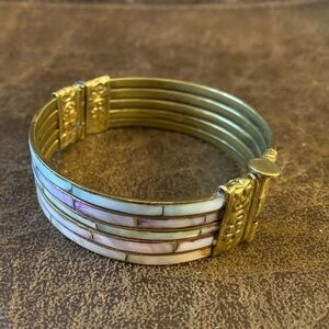 Vintage 1970s Brass Mother of Pearl Shell Inlay Hinged Cuff Bracelet